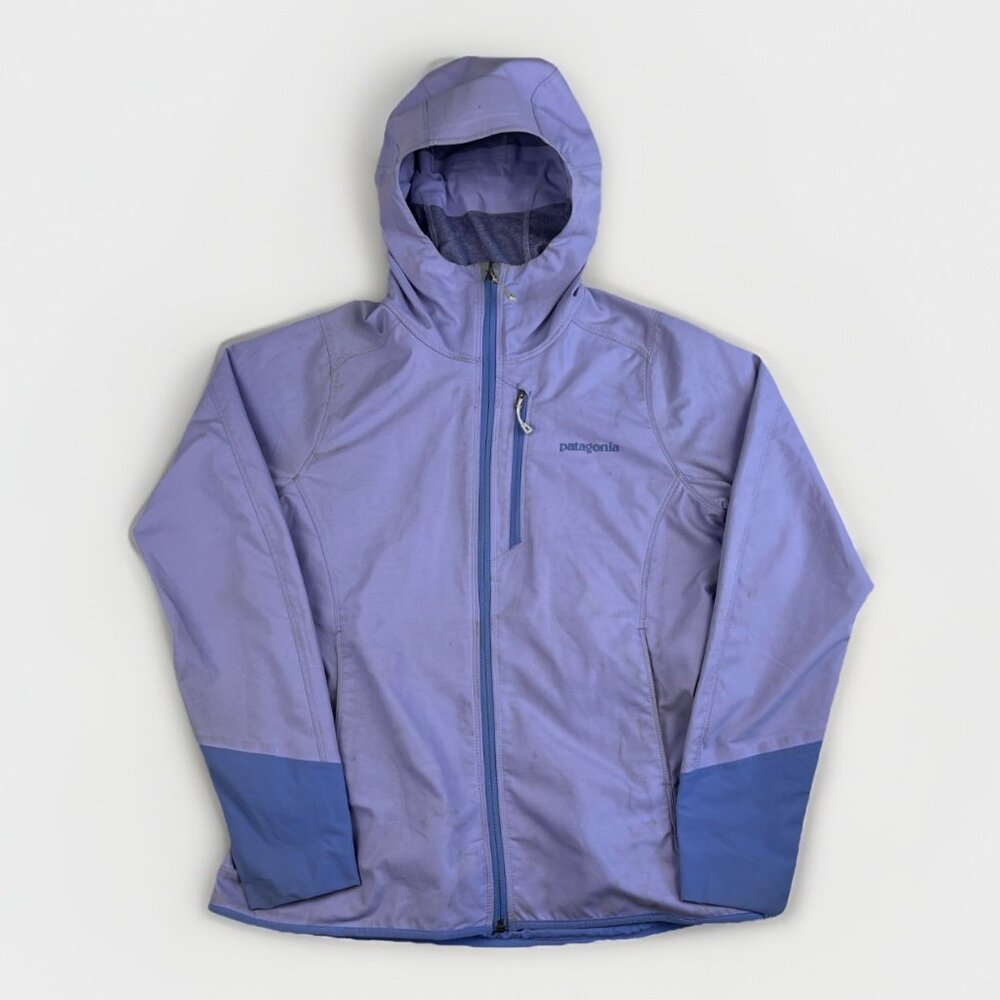 Patagonia Wom Sz M Adze Hybrid Hoody Purple Lila Soft shell Jacket Stained Read